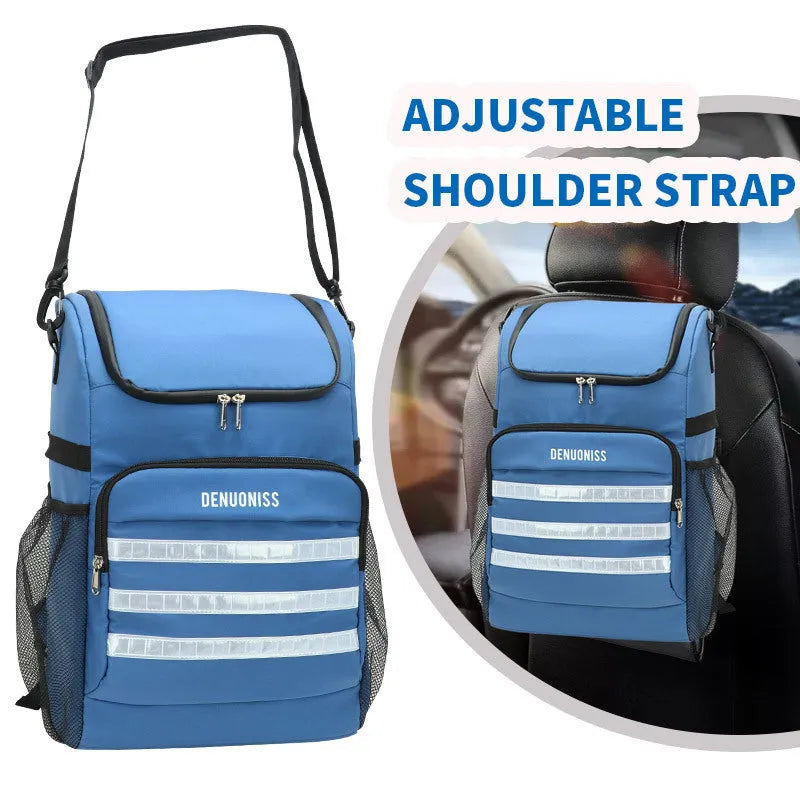 Cloth backpack with integrated bottle opener on shoulder strap, shown in available colours.
