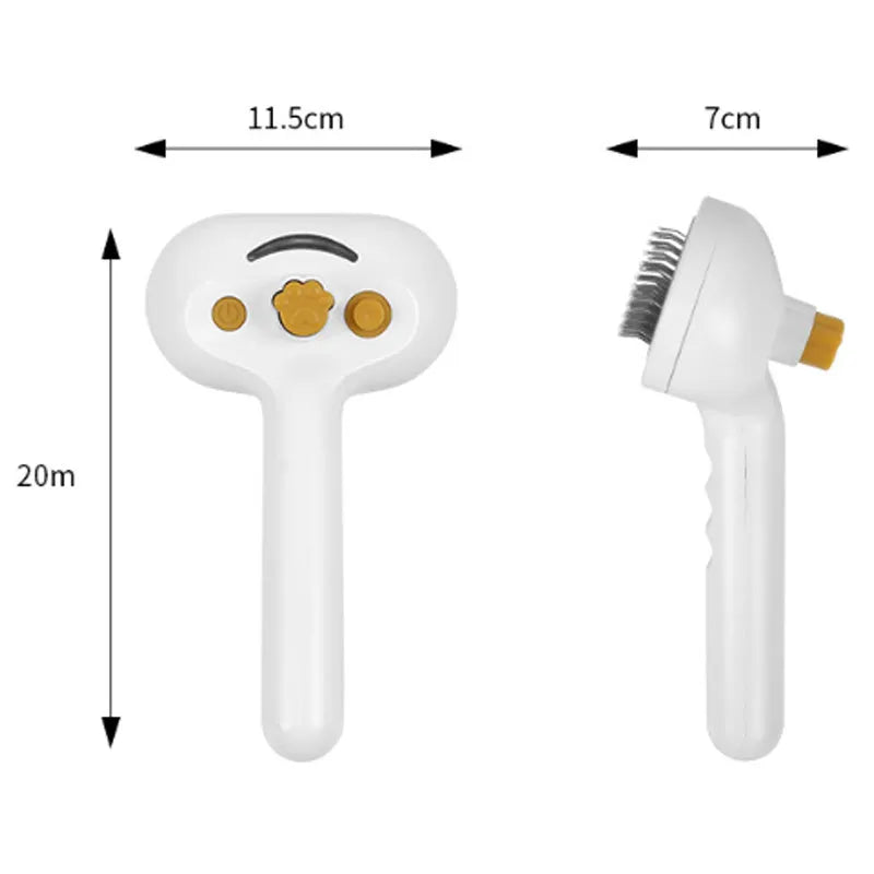 White pet grooming brush with water spray and steam function for dogs and cats