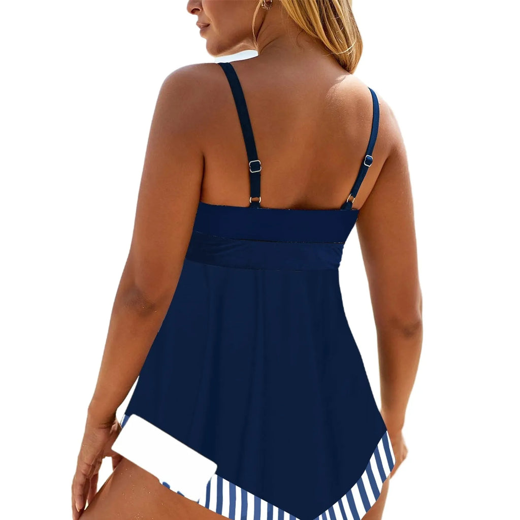 Plus size woman in green backless bikini top and briefs, quick-dry polyester swimsuit for swimming.