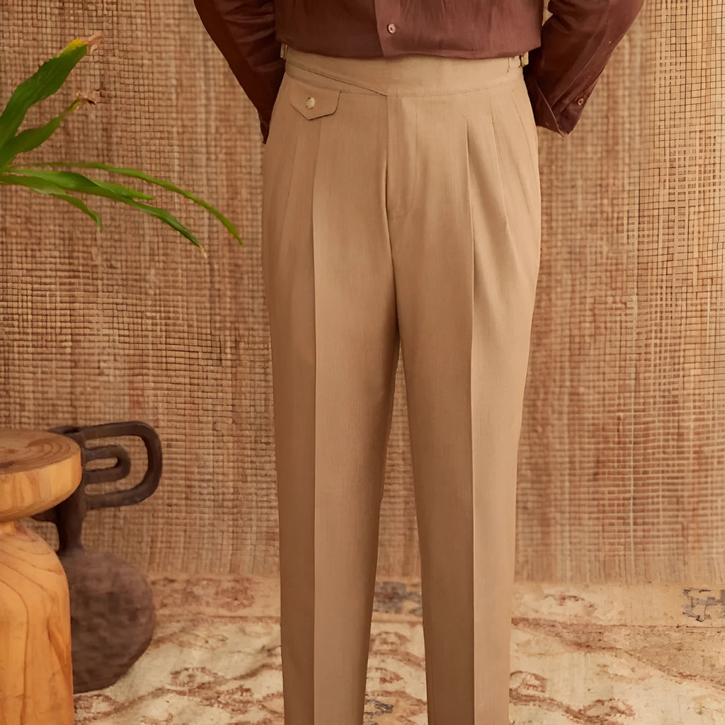 Men's slim fit straight leg trousers in light brown, laid flat.