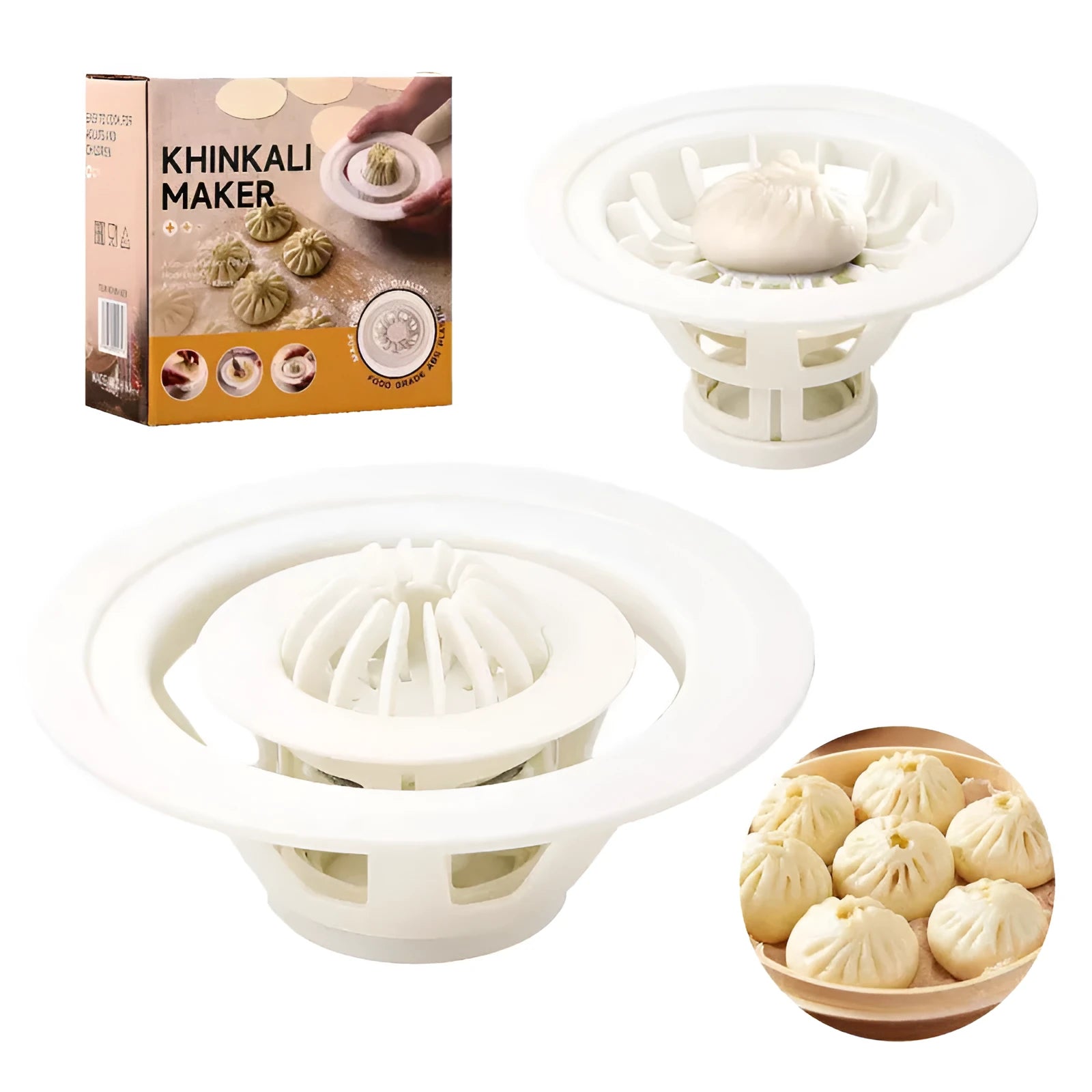 Four identical black plastic steamed bun moulds for making baozi and dumplings