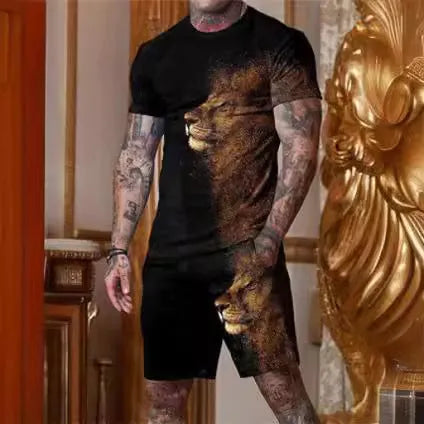 Men's short-sleeved two-piece sports and leisure suit in polyester blend fabric, showing top and shorts set