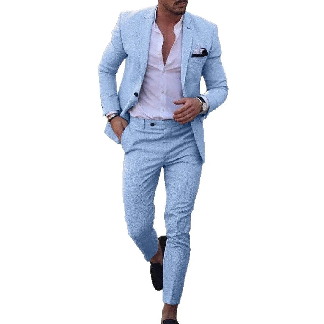 Men's leisure set with digital print two-button suit top and two-piece trousers slim fit light business casual