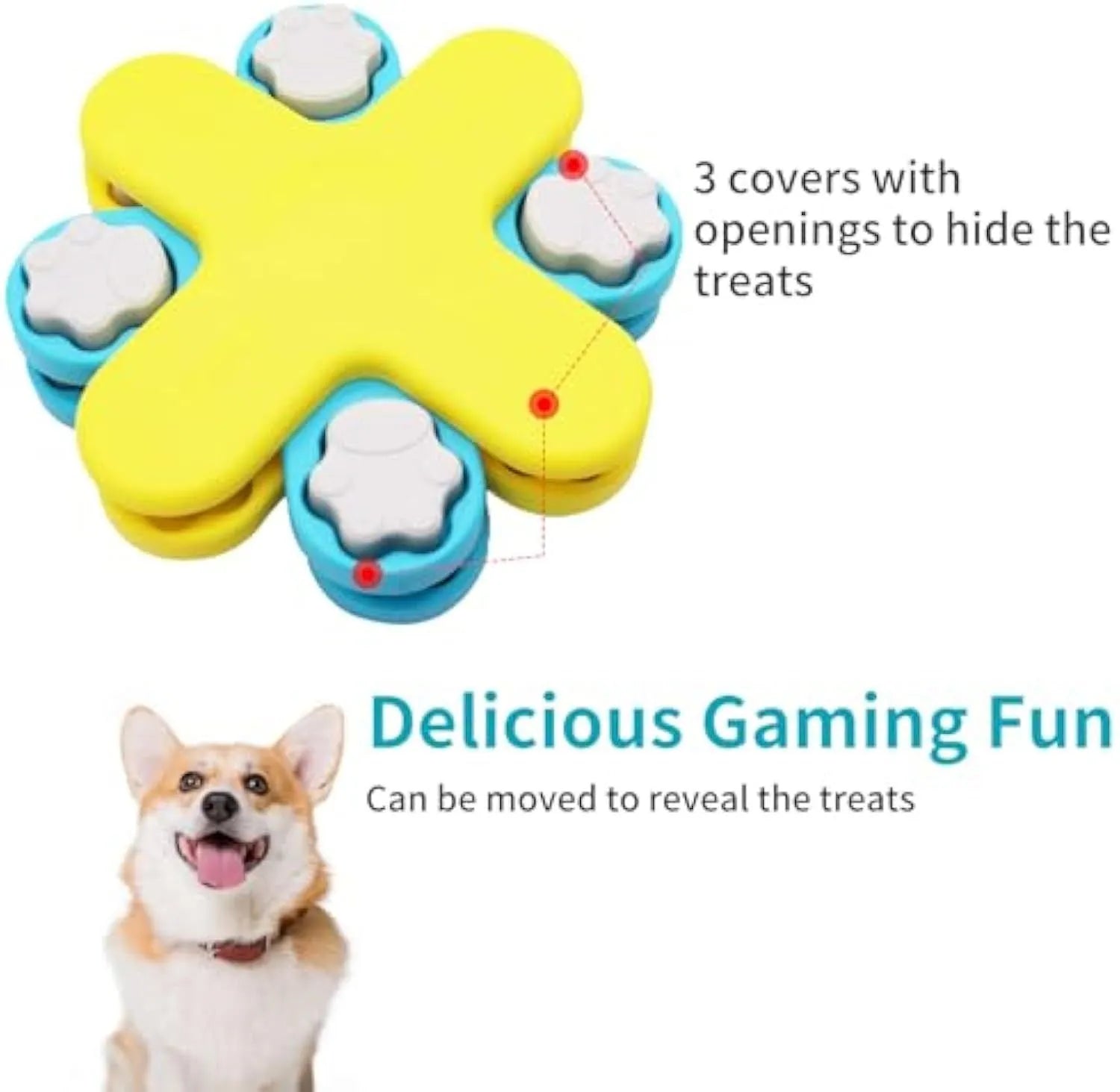 Yellow three-layer rotating dog puzzle feeder toy with anti-slip rubber base on a floor.