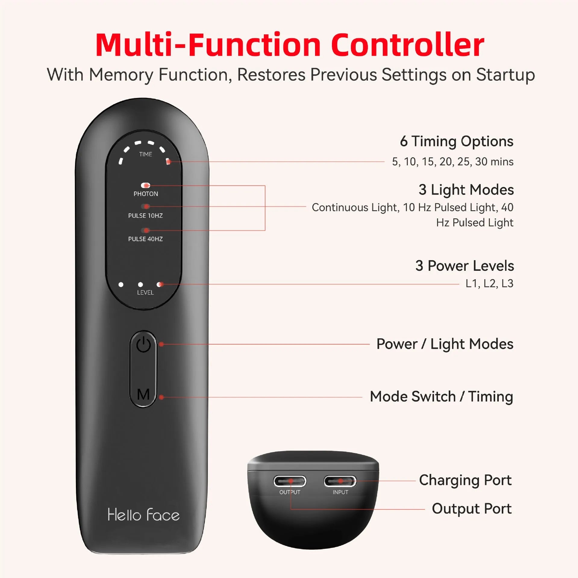 Dark sky blue neck massager mask with red lights and a separate wireless controller on a grey background.