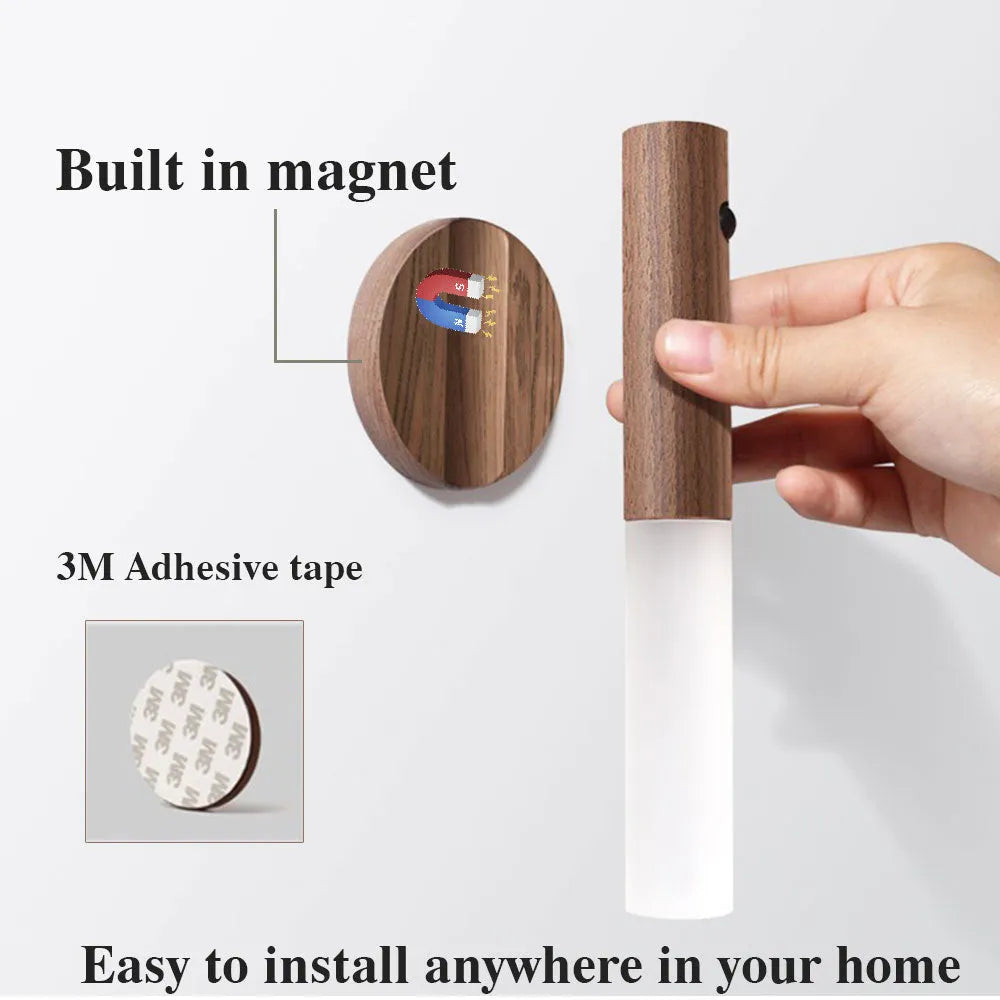 Magnetic USB LED night light with PIR motion sensor, warm white light, acrylic shade, Ash or Walnut finish