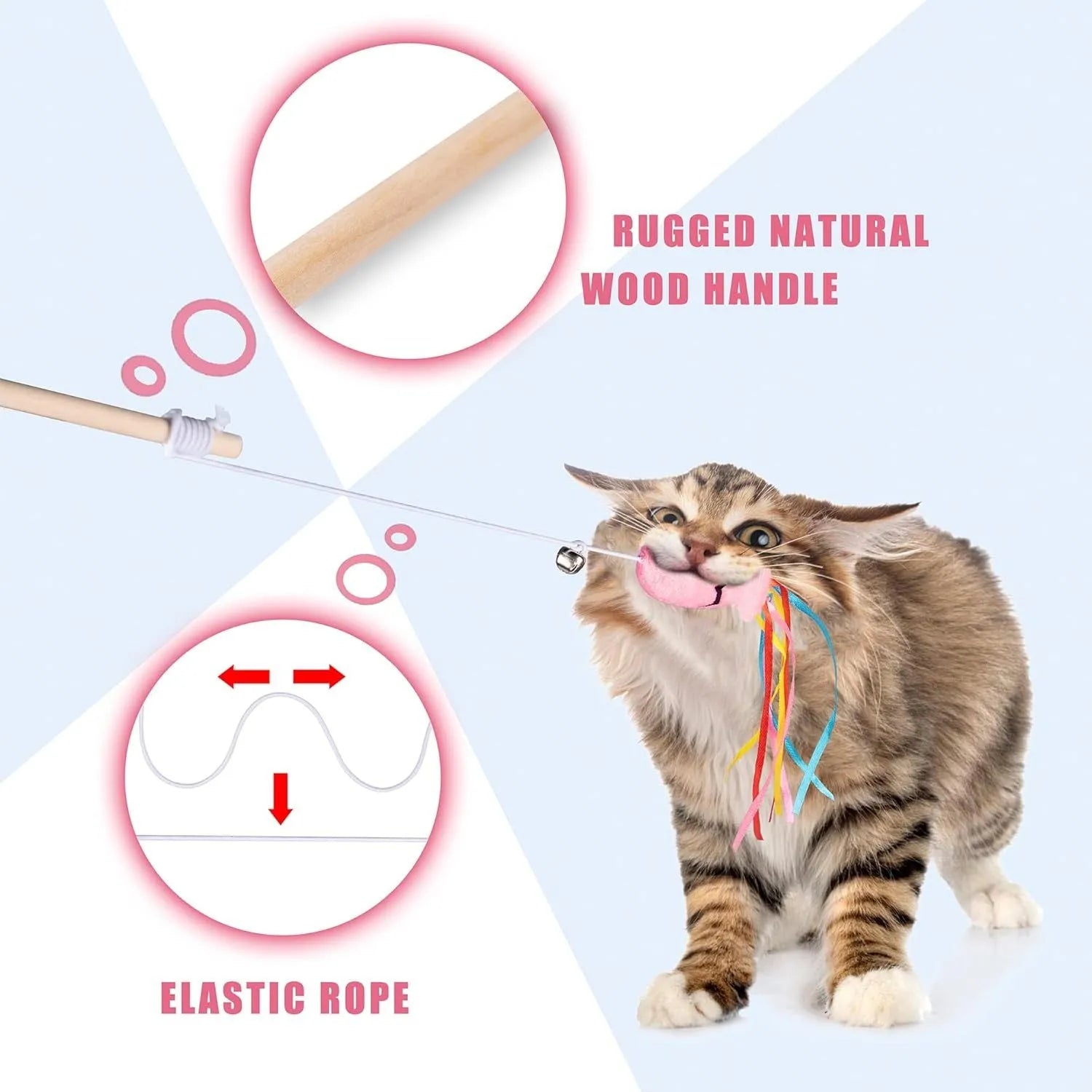Wooden-handle cat wand toy with colourful ribbons, catnip fish, and bell for interactive indoor play