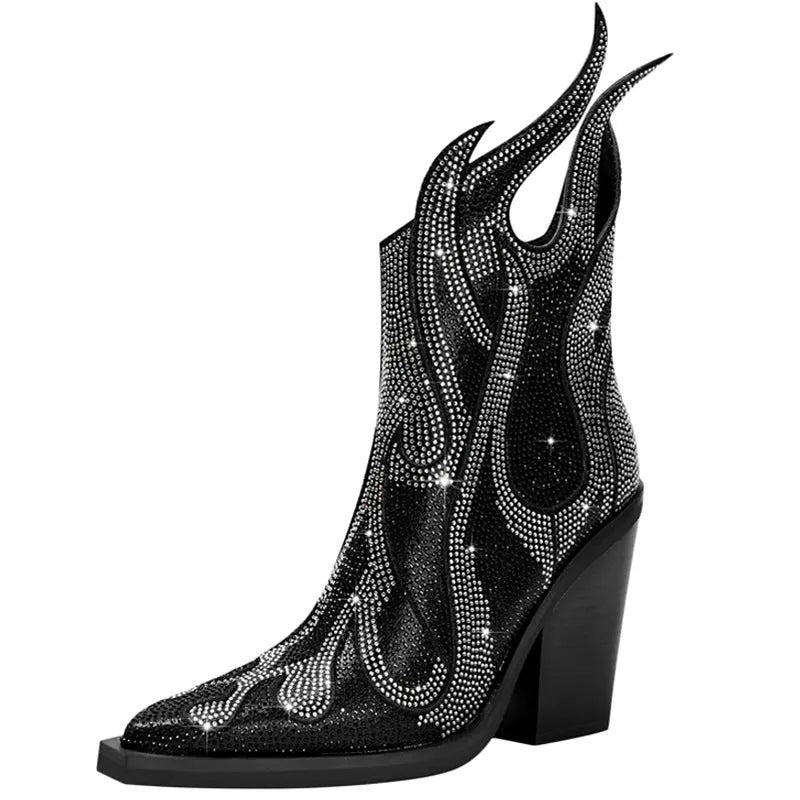 Women's black Martin boots with square toe, chunky high heel, and rhinestone flame decoration on the side.