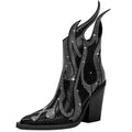 Women's black Martin boots with square toe, chunky high heel, and rhinestone flame decoration on the side.