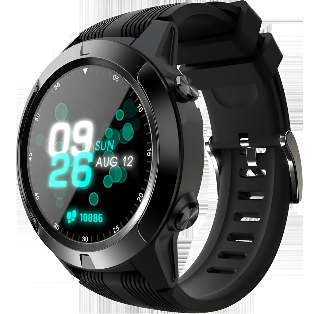 Black smart watch for men with 1.3-inch screen showing fitness tracking interface