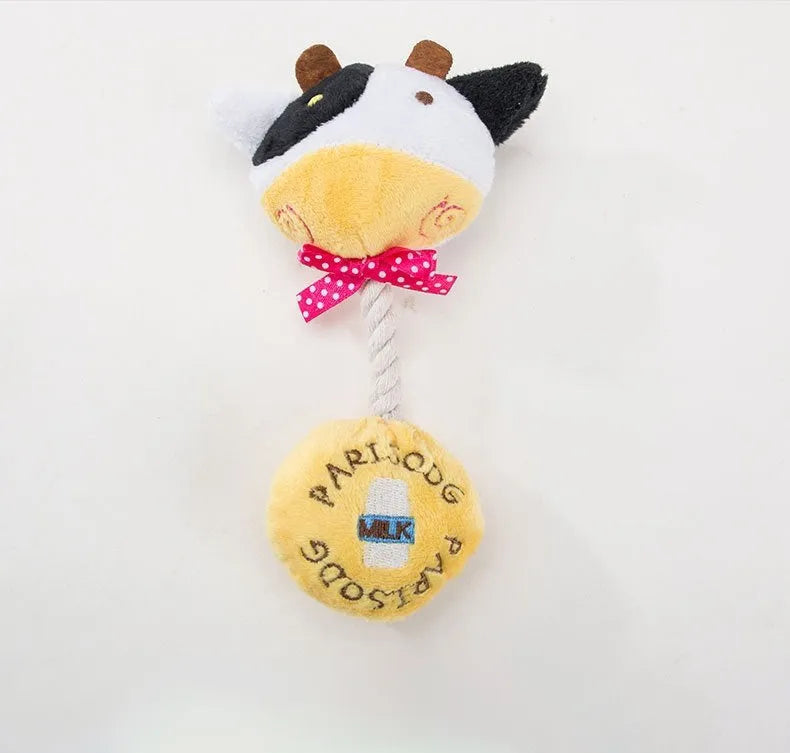 Interactive plush dog toy with sound module and cotton rope in animal designs