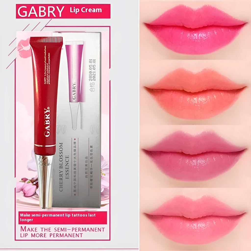 Vermilion lip gloss tube showing five colour options: pink, orange red, bright rose red, rose red, and seashell