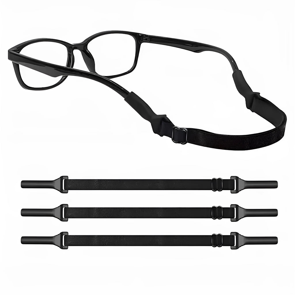Black adjustable glasses cord with silicone earpiece rope in adult and children's style options