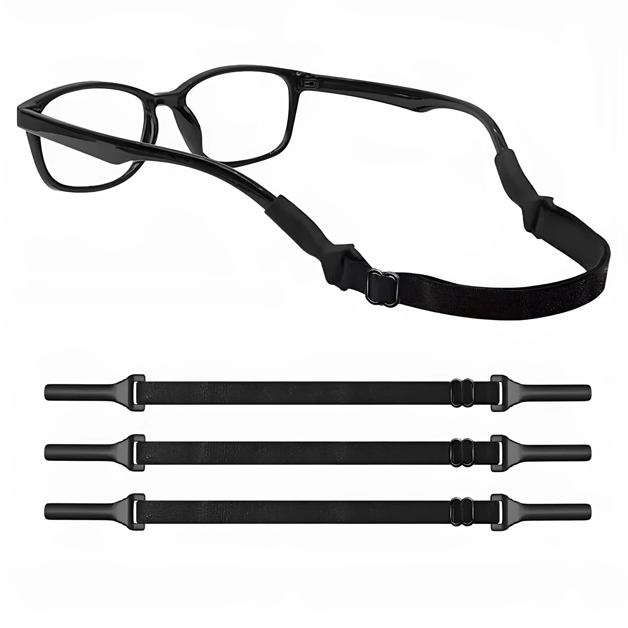 Black adjustable glasses cord with silicone earpiece rope in adult and children's style options