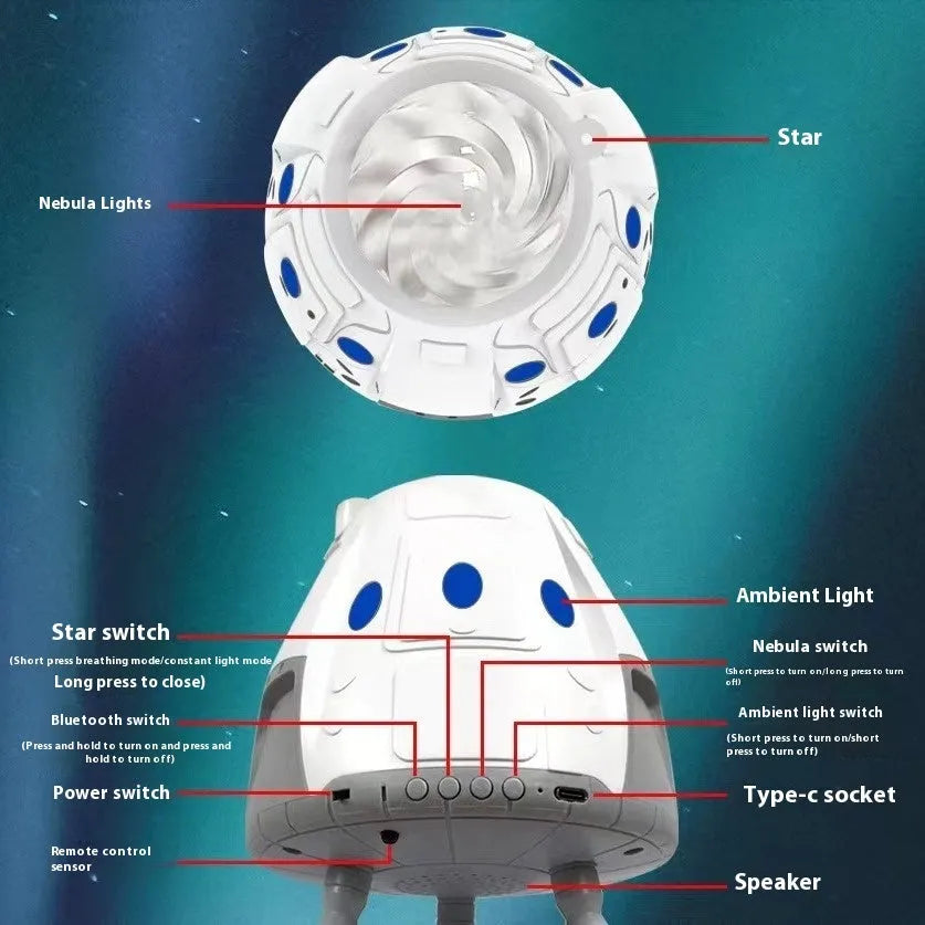 Space capsule Galaxy atmosphere projection lamp in white or gray with USB power and remote control