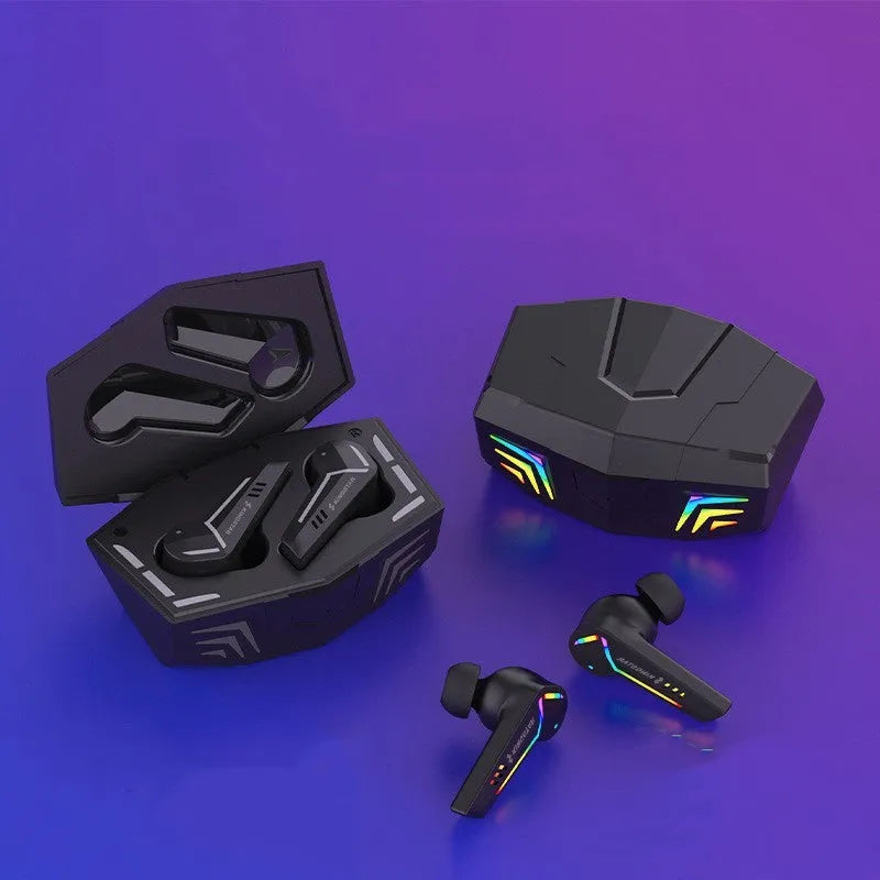 Small black Bluetooth earplug headset for sports and gaming with NFC function.