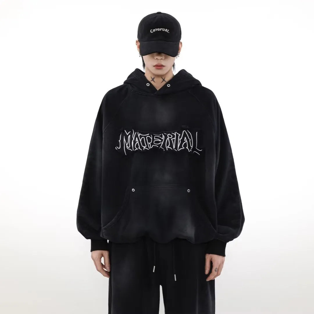 American vintage distressed graffiti hoodie in black, loose fit pullover, long sleeve, polyester fabric