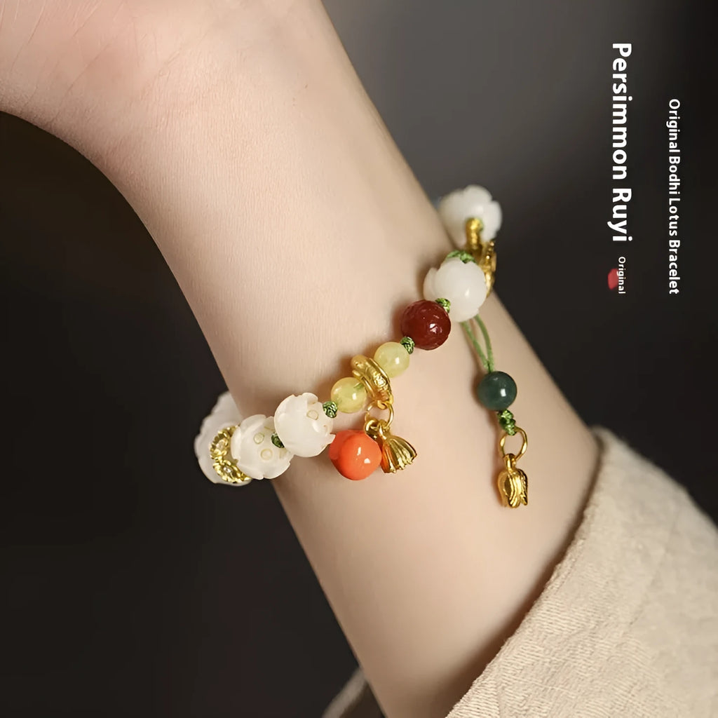 White jade bodhi bracelet with lotus and pumpkin beads on open rope