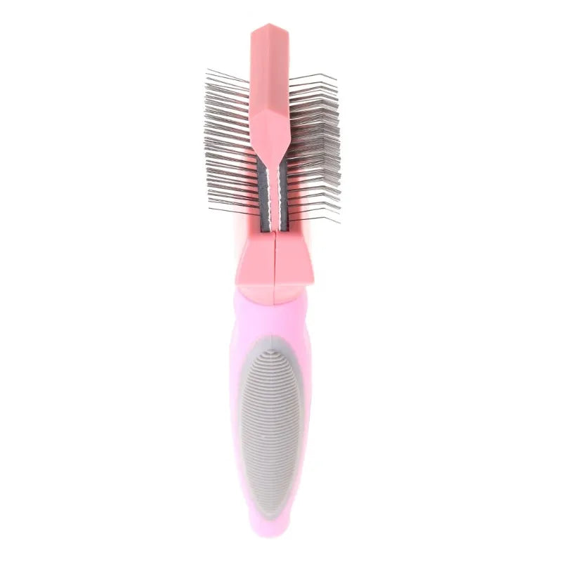 Double-sided pet brush with stainless steel pins and blue ABS handle for dog and cat grooming
