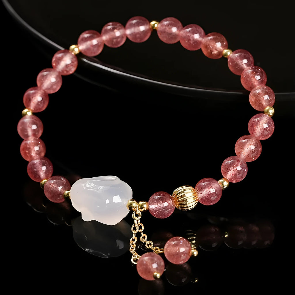 Women's strawberry quartz agate bracelet with white rabbit charms and 6mm geometric beads