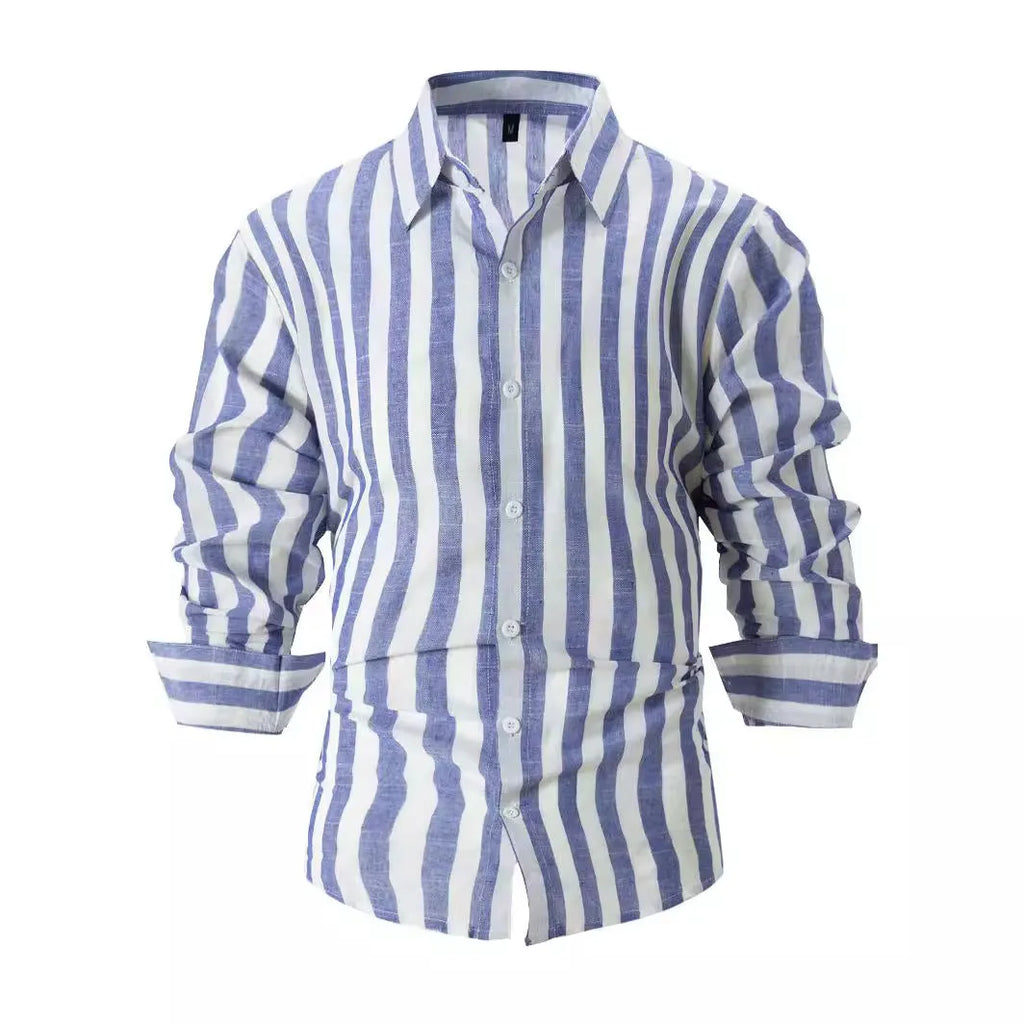 Men's yarn-dyed striped casual shirt in polyester with loose fit and long sleeves