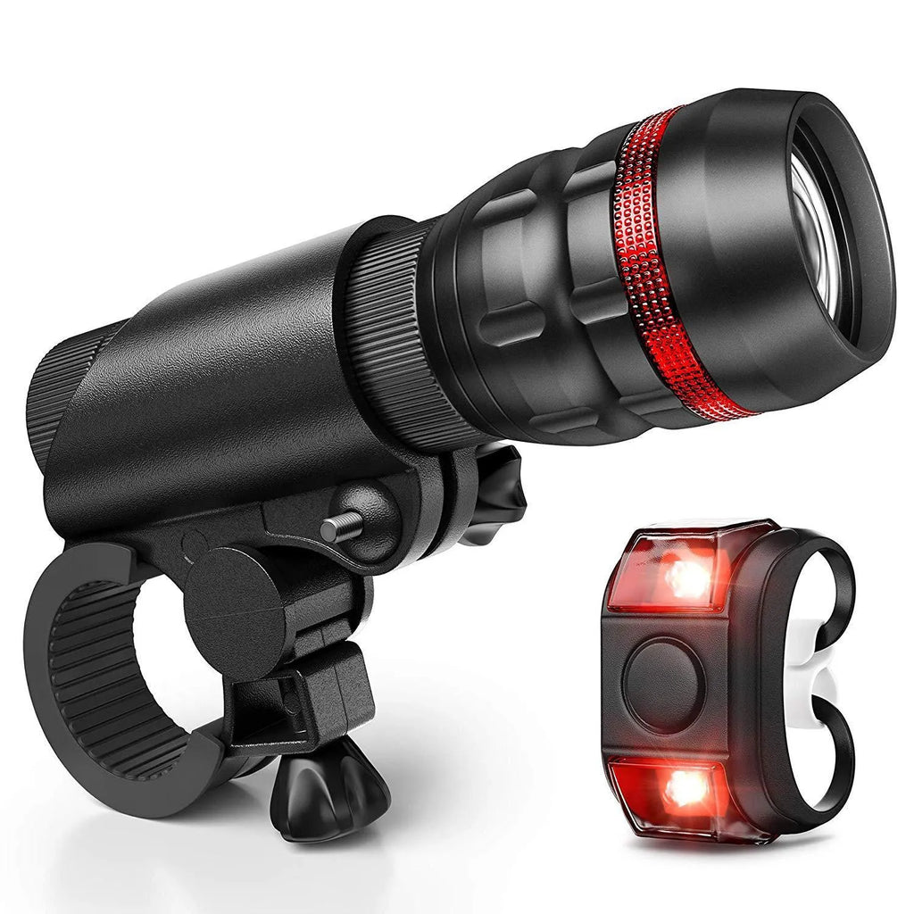 Bicycle headlight and red taillight set with a handlebar mounting bracket.