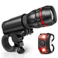 Bicycle headlight and red taillight set with a handlebar mounting bracket.