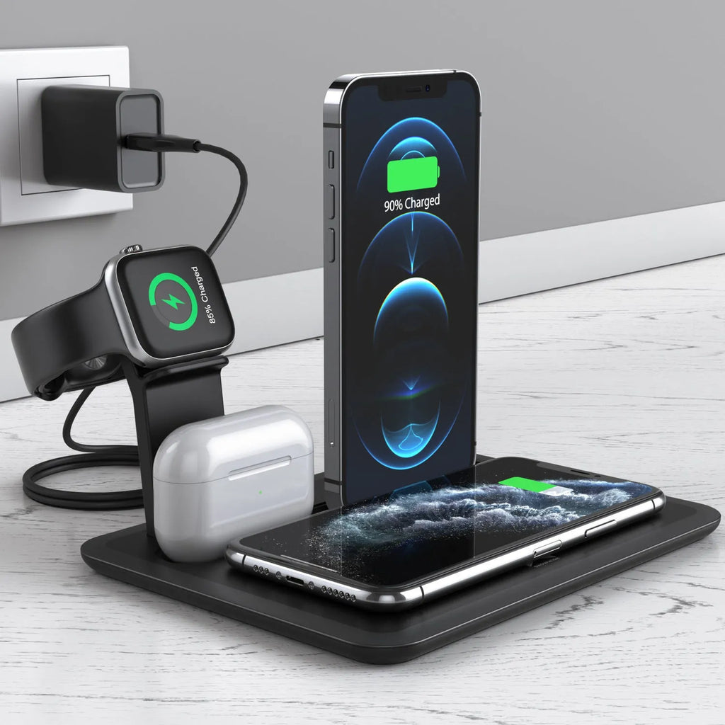 Black and white desktop wireless charging station holding a phone, watch, and headphones with a USB cable.