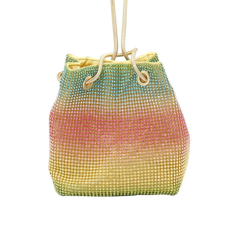 Rainbow coloured rhinestone bucket bag with soft structure and open top, showing sparkling texture.