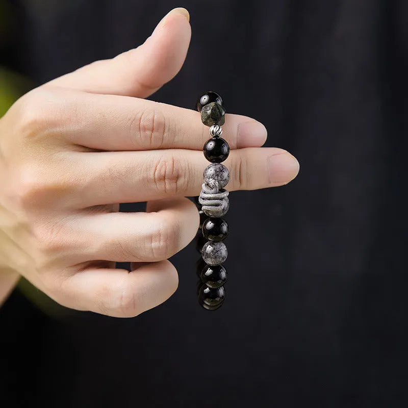 Men's black retro snake bracelet with obsidian crystal on S925 sterling silver band