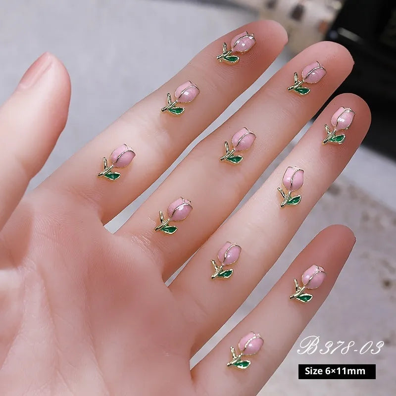Three-dimensional tulip flower alloy nail decoration ornament in solid colour sweet style on fingertip