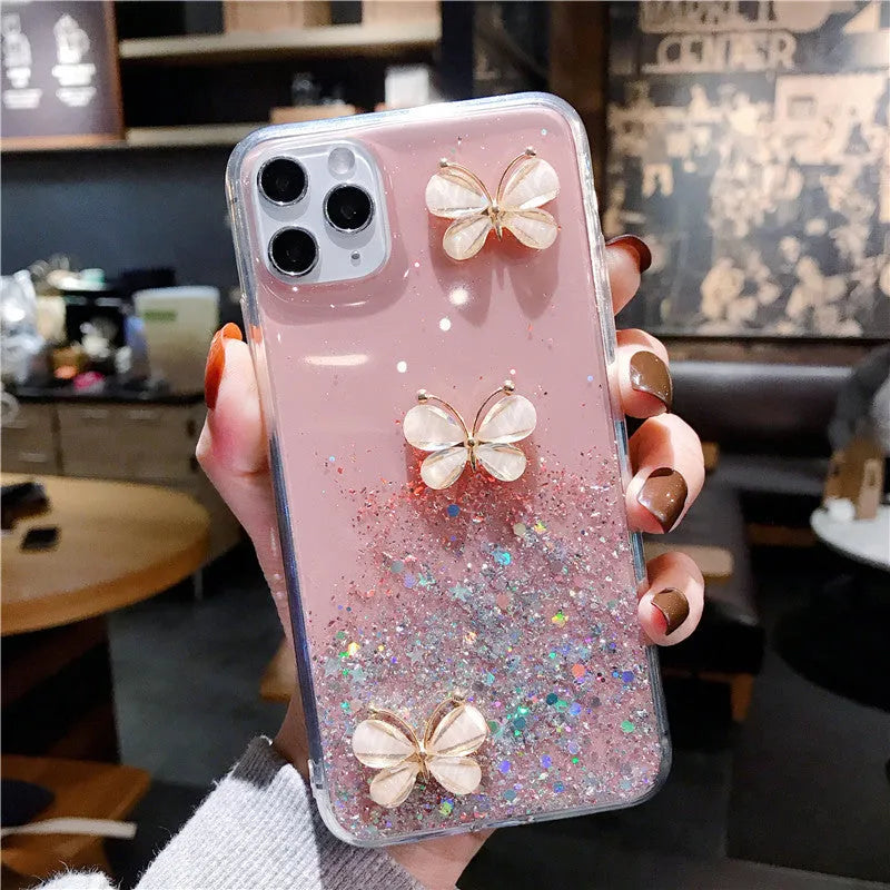 Butterfly starry sky glitter TPU phone case for iPhone, transparent back cover with drop protection