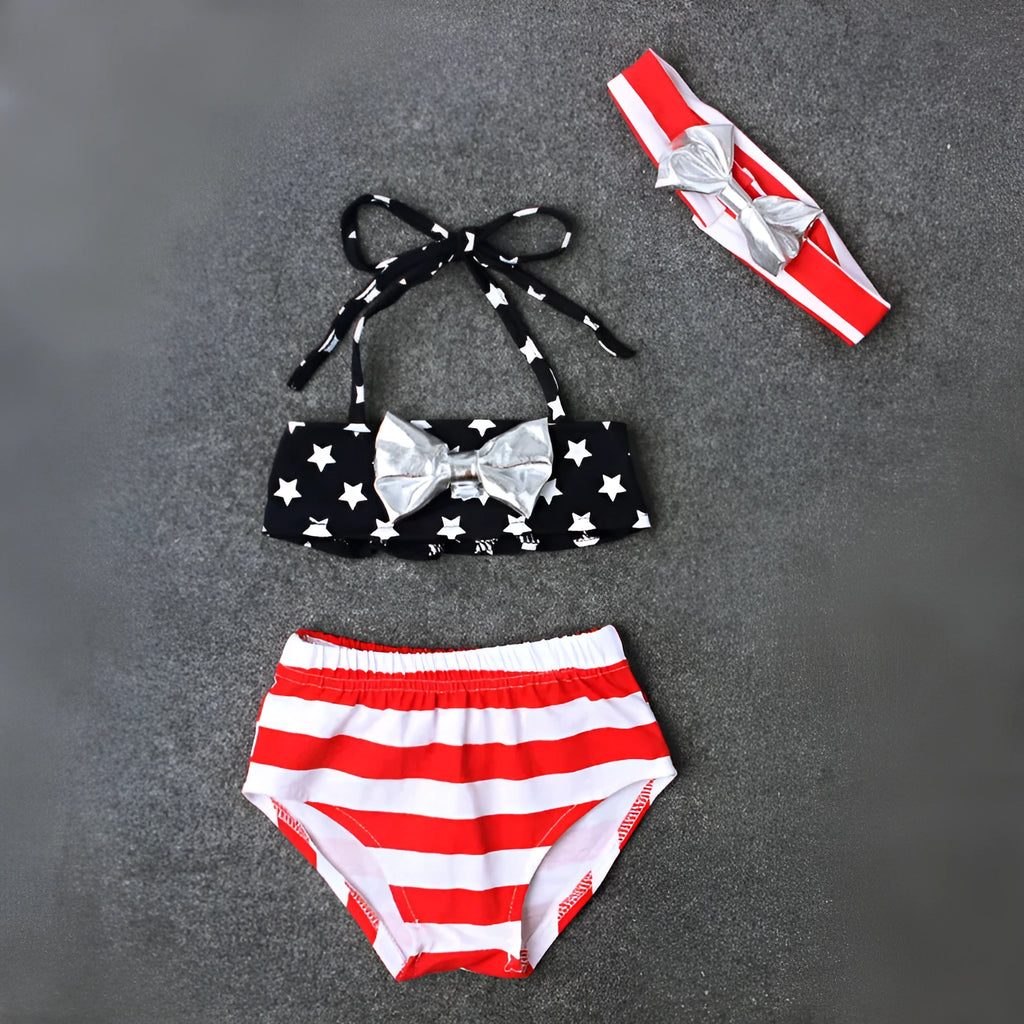 Girls XINGX bowknot three-piece swimsuit in milk silk fabric, colour CC00734, available in sizes 90-130 yards