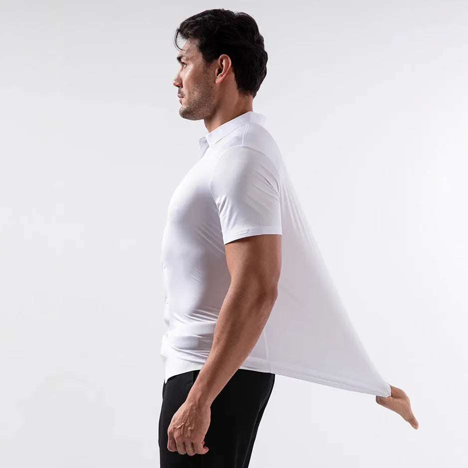 Men's short sleeve shirt in elastic fabric with cardigan style and multiple colour options