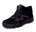 Men's black and blue leather casual shoes on a white background.