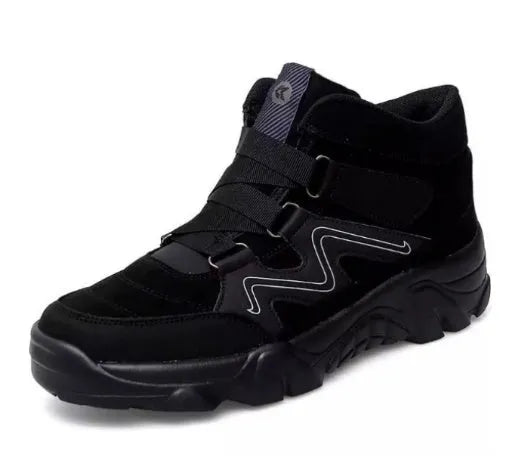 Men's black and blue leather casual shoes on a white background.