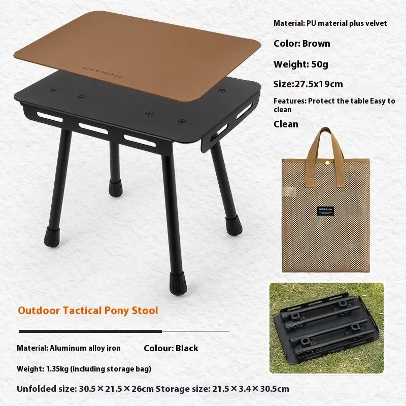 CLS aluminium dual-use folding camping stool converted into a small table next to its storage bag.