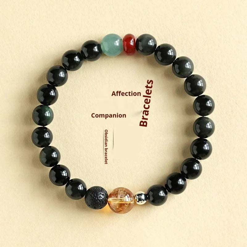 Chinese style obsidian agate jade crystal couple bracelet with 8mm or 10mm natural stone beads