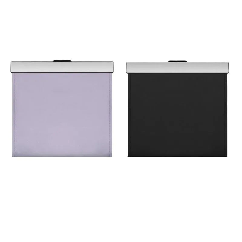 Car leather garbage bag with magnetic closure and LED light, hanging in vehicle interior, black colour