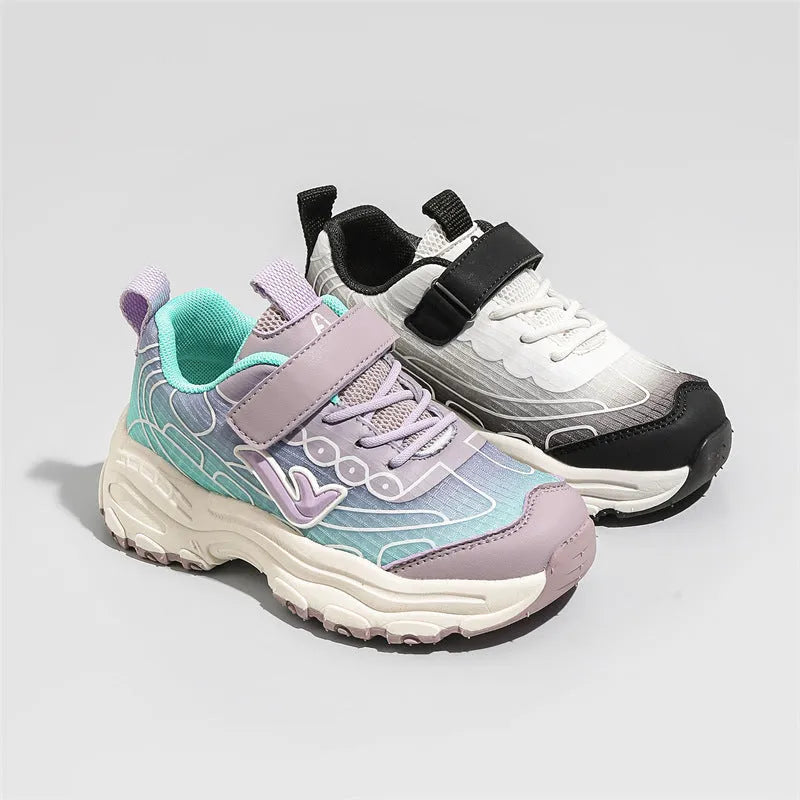 Children's black and purple striped casual dad shoes with mesh uppers and rubber soles