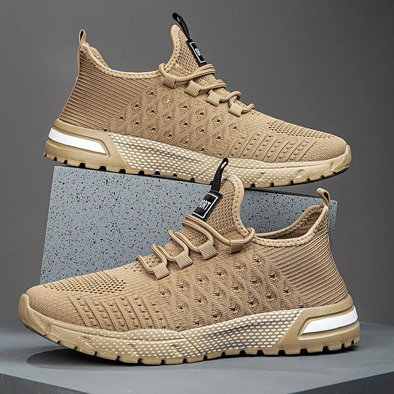 Men's solid colour casual shoes with a mesh upper in Army Green, shown from a side profile.