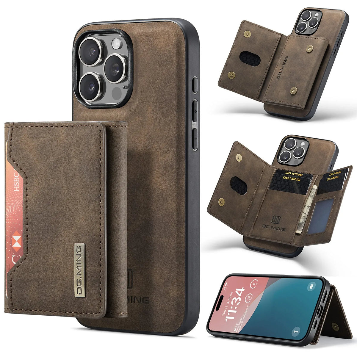 Magnetic card case for iPhone XR and iPhone 16 series in retro PU leather with card holder and glass back, available in five colours.