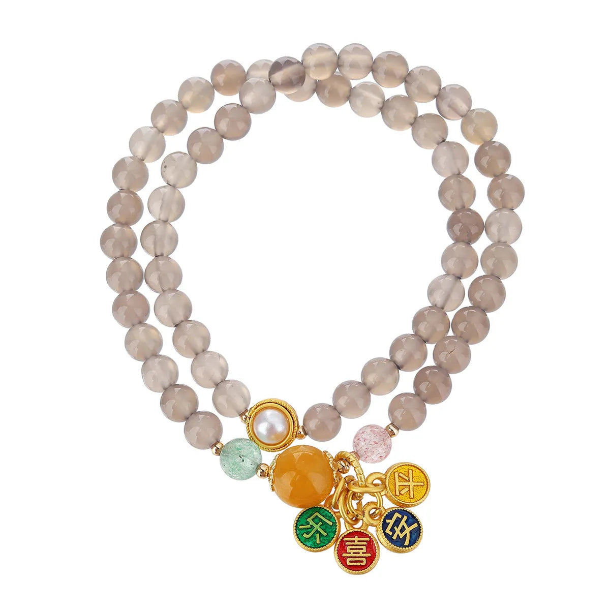 Close-up of a grey agate two-circle women's bracelet with a stainless steel clasp on a wrist.