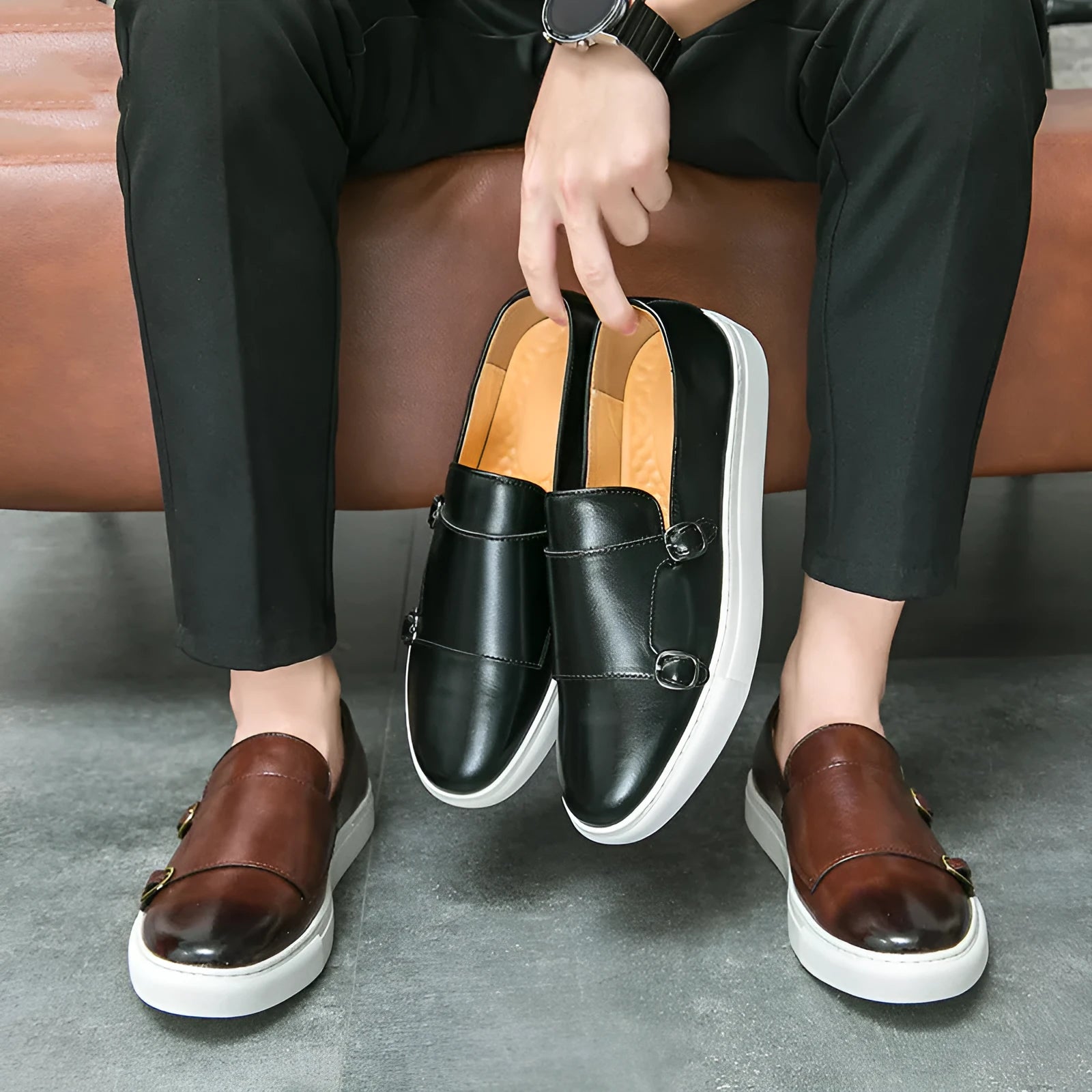 Men's business casual sneakers round toe low top artificial PU upper rubber sole black brown sides 38-46