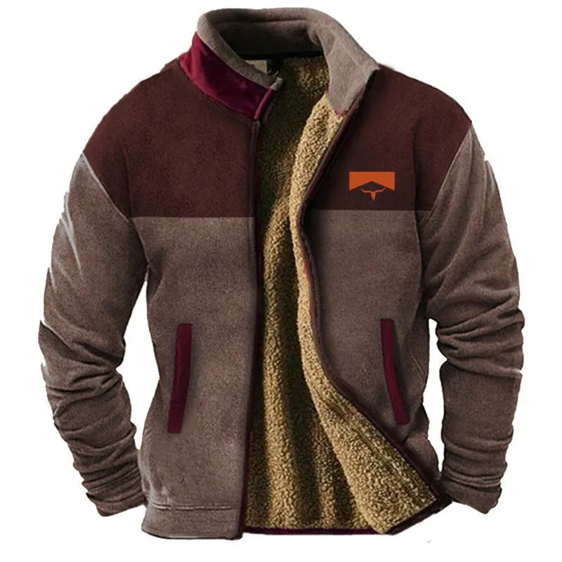Men's light brown fleece padded coat with a regular fit, shown on a model.