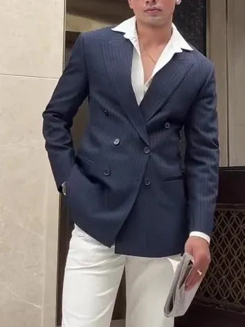 Men's striped double breasted blazer in regular fit polyester fabric