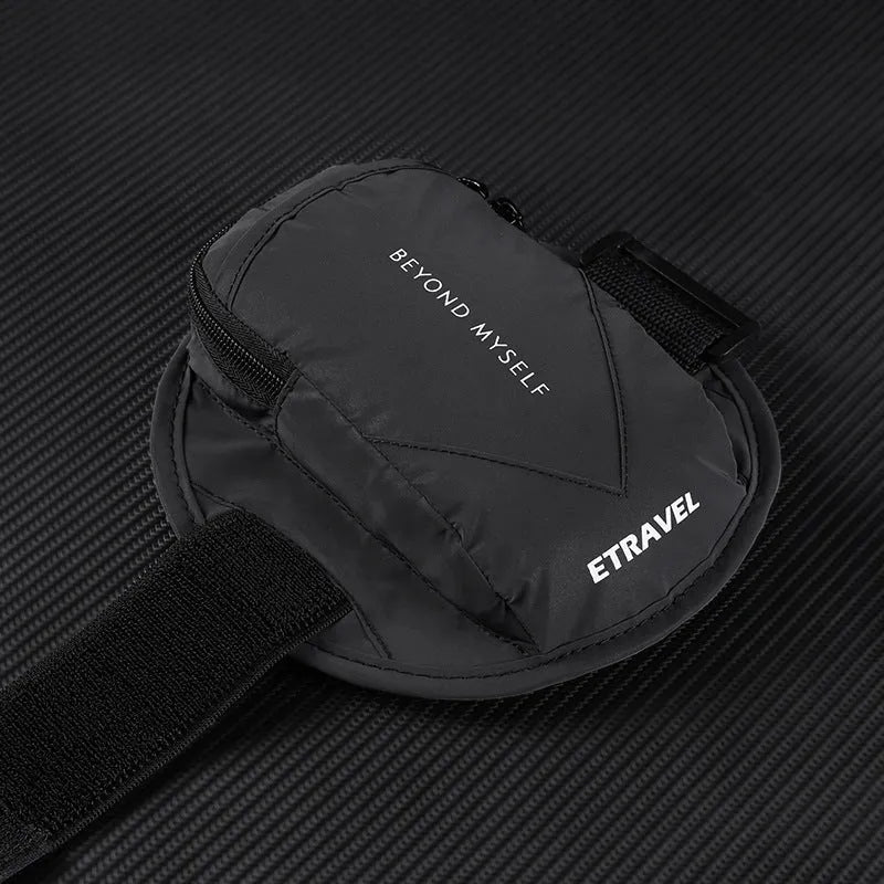 Black reflective running arm bag with adjustable strap, shown holding a mobile phone, designed for outdoor sports.