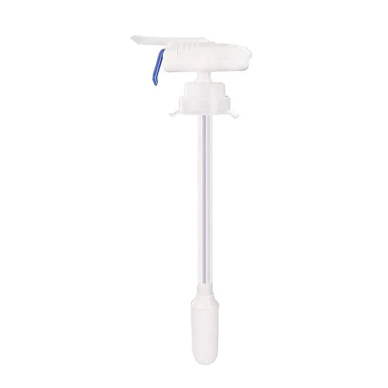 Manual electric pumping water device with long silicone straw and blue pressure handle on a drink bottle
