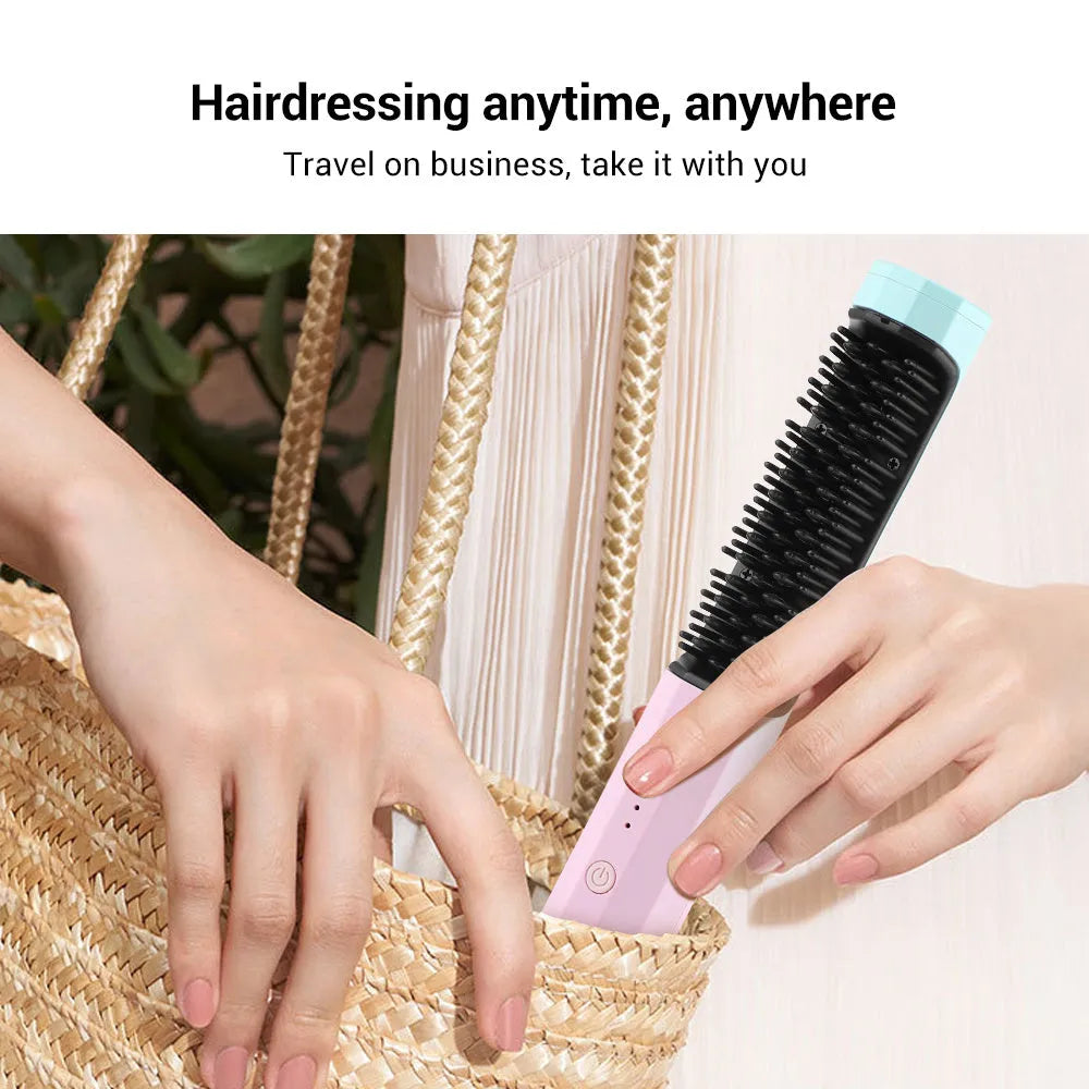 Pink cordless hair straightening comb with USB charging port and heat-insulating comb teeth.