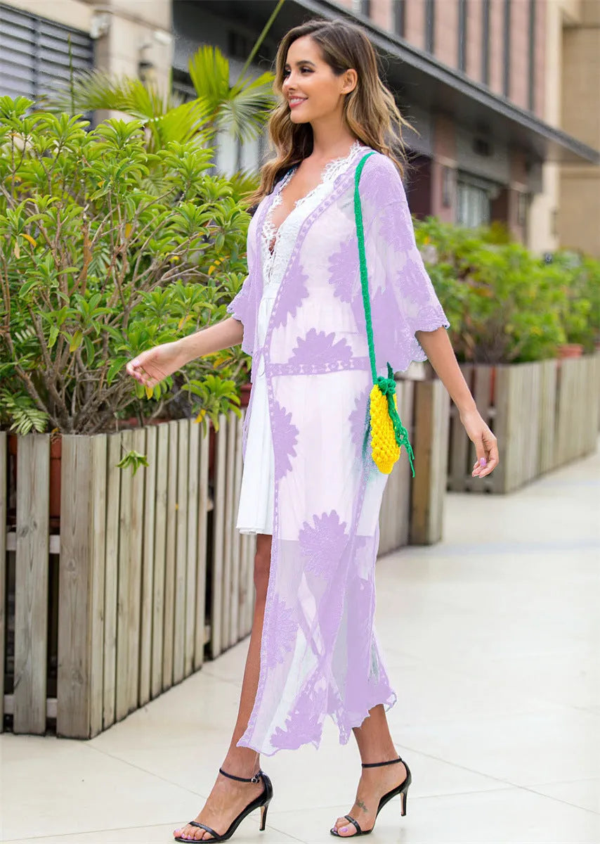 Light purple lace embroidery beach cover-up dress with cotton lining shown as swimwear outer layer